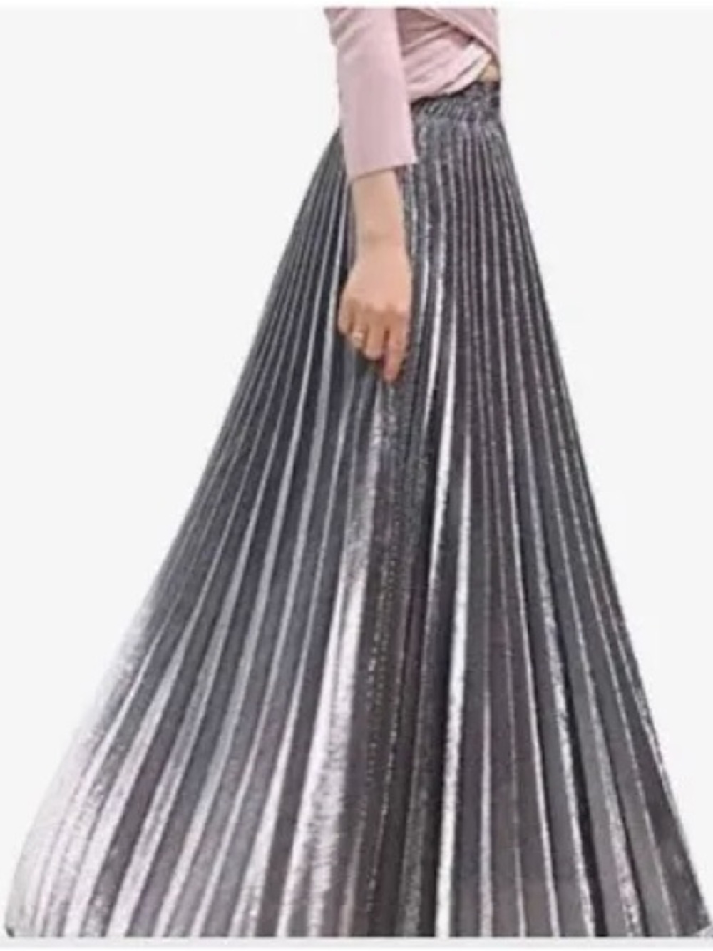 Chartou Metallic Pleated Maxi Skirt — Silver